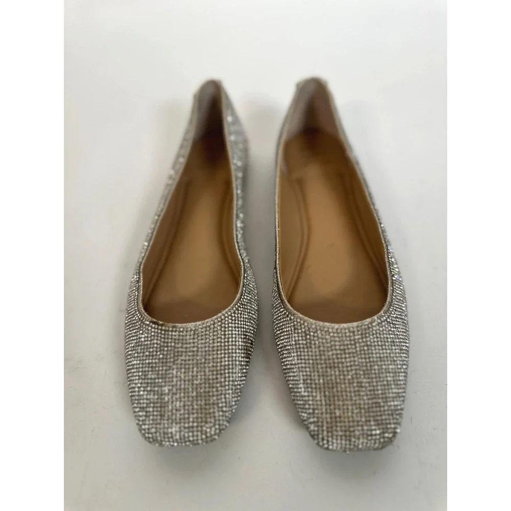 INC Silver Rhinestone Ballet Flats Size 10 Sparkle Slip-On